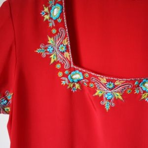Red Satin Embroidered Mexican Style Dress Small